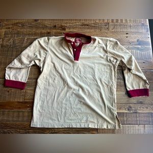 Shanghai Tang Shirt Mens Large Beige Red Henley Neck Long Sleeve Pullover Casual